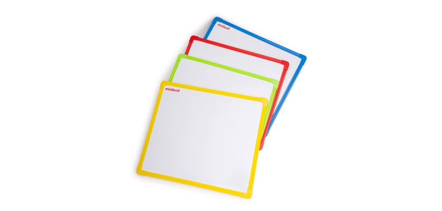 Pizarra blanca miniland metalica magentica doble cara marco de plastico 300x260 mm set de 4 unidades