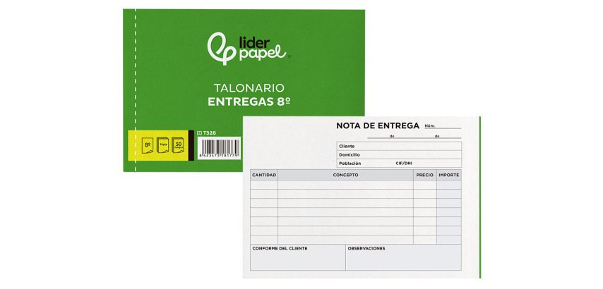 Talonario liderpapel entregas 8º original y 2 copias t328 apaisado