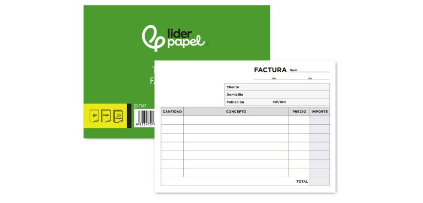 Talonario liderpapel facturas 8º original y copia t247 apaisado sin i.v.a