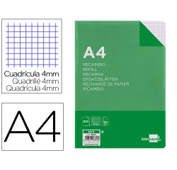 Recambio liderpapel a4 100 hojas 60g cuadro 4 mm con margen 16 taladros