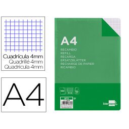 Recambio liderpapel a4 100 hojas 60g cuadro 4 mm con margen 16 taladros