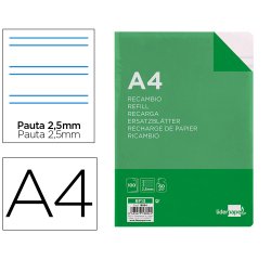 Recambio liderpapel folio 100 hojas 60g/m2 pauta 5ª 2.5mm con margen 16 taladros
