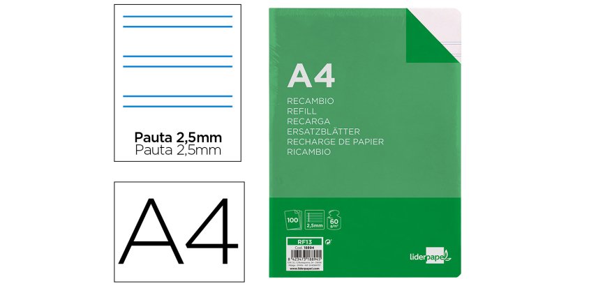 Recambio liderpapel folio 100 hojas 60gr pauta 5ª 2.5mm con margen 16 taladros