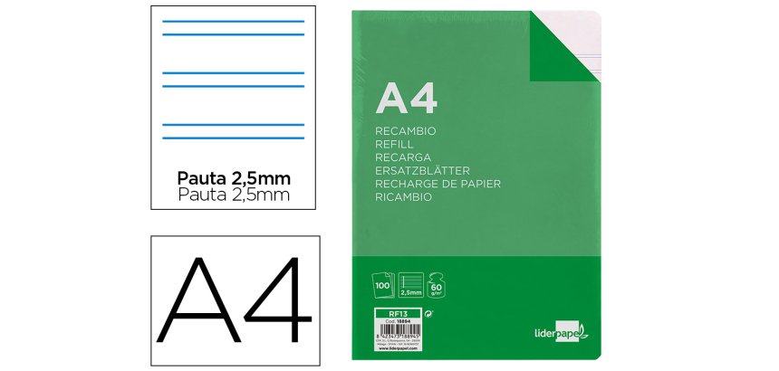 Recambio liderpapel folio 100 hojas 60gr pauta 5ª 2.5mm con margen 16 taladros