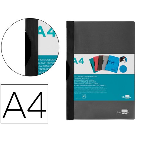 Carpeta liderpapel dossier A4 30 hojas pinza lateral de plástico deslizante polipropileno 35365 negra