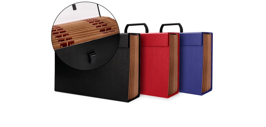 Maletin liderpapel con fuelle y asa carton forrado 19 departamentos 255x390x120 mm colores surtidos