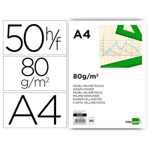 Bloc papel milimetrado liderpapel encolado 210x297 mm 50 hojas 80g/m2