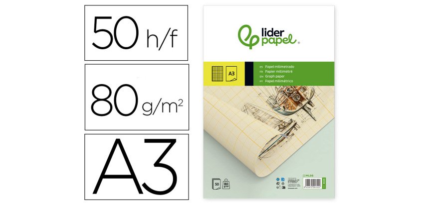 Bloc papel milimetrado liderpapel encolado a3 297x420 mm 50 hojas 80 g