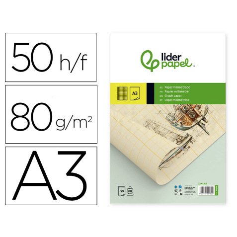 Bloc papel milimetrado liderpapel encolado 297x420 mm 50 hojas 80g/m2