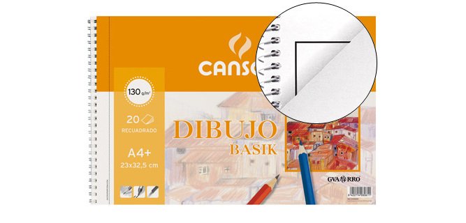 Bloc dibujo basik din a4+ espiral 23 x 32.5 cm 20 hojas microperforado 2 taladros -con recuadro
