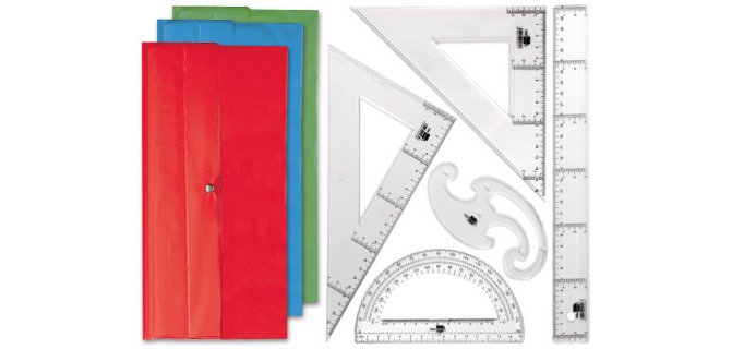 Juego escuadra y cartabon 25cm regla 30cm semicirculo 15cm y plantilla de curvas liderpapelen petaca opaca color verde