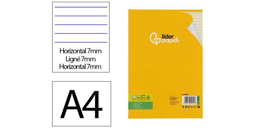 Bloc notas liderpapel encolado a4 rayado horizontal 50 hojas 80 gr color amarillo