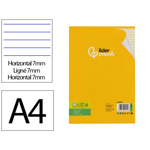 Bloc notas liderpapel encolado a4 rayado horizontal 50 hojas 80 gr color amarillo