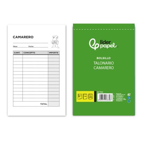 Talonario liderpapel camarero bolsillo original y 2 copias t350