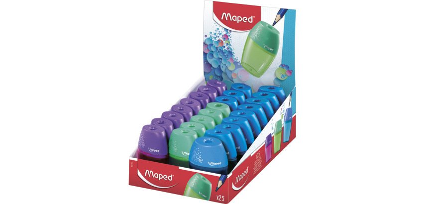 Sacapuntas maped plastico 1 uso con deposito expositor de 25 unidades