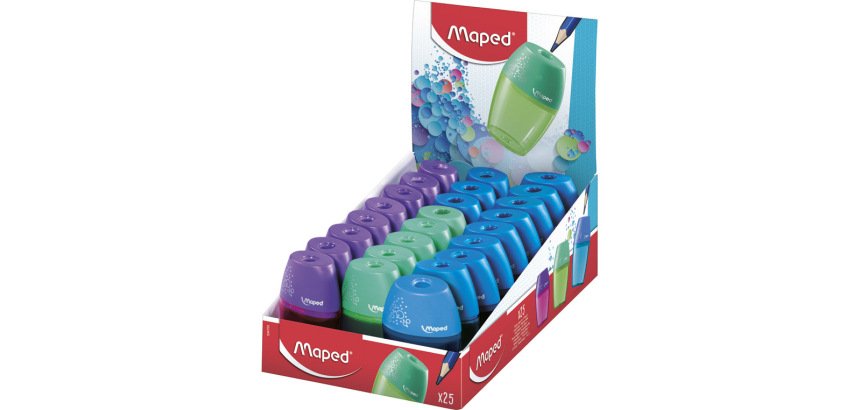 Sacapuntas maped plastico 1 uso con deposito expositor de 25 unidades