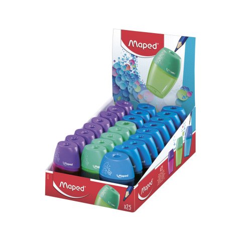 Sacapuntas maped plastico 1 uso con deposito expositor de 25 unidades