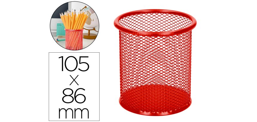 Cubilete portalapices q-connect rojo metal redondo rejilla diametro 86 mm alto 105 mm
