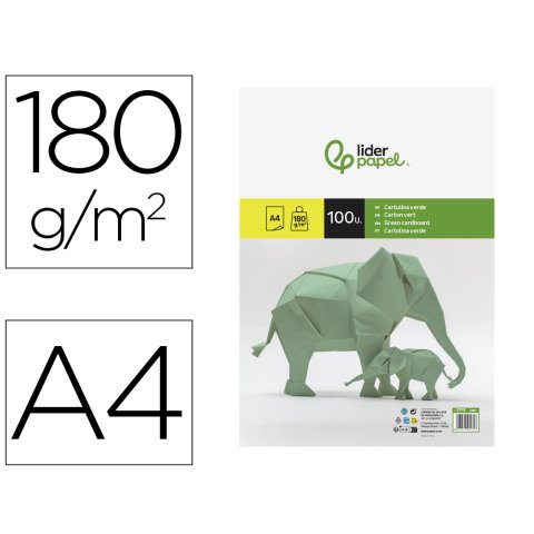 Cartulina liderpapel a4 180g/m2 verde paquete de 100 hojas
