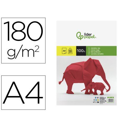 Cartulina liderpapel a4 180g/m2 rojo paquete de 100 hojas