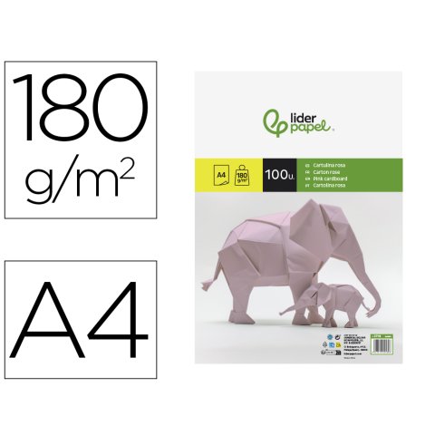 Cartulina liderpapel a4 180g/m2 rosa paquete de 100 hojas