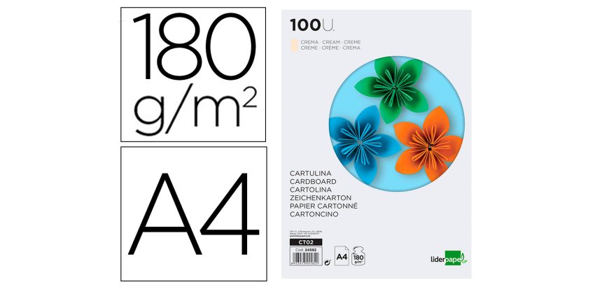 Cartulina liderpapel a4 180g/m2 crema paquete de 100 hojas