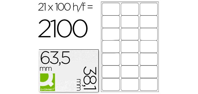 Etiqueta adhesiva q-connect kf01587 tamaño 63,5x38,1 mm fotocopiadora laser ink-jet caja con 100 hojas din a4