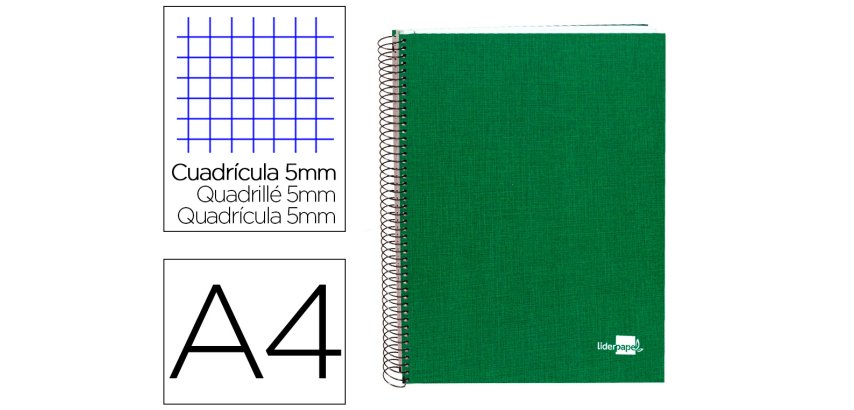 Cuaderno espiral liderpapel a4 micro papercoat tapa forrada 140h 75gr cuadro5mm 5 banda s 4 taladros verde