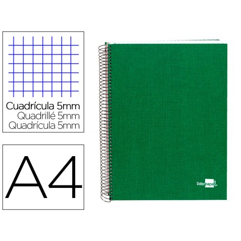 Cuaderno espiral liderpapel a4 micro papercoat tapa forrada 140h 75 gr cuadro5mm 5 bandas 4 taladros verde