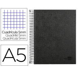 Cuaderno espiral liderpapel a5 micro papercoat tapa forrada 140h 75 gr cuadro5mm 5 bandas 6 taladros negro
