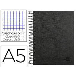 Cuaderno espiral liderpapel a5 micro papercoat tapa forrada 140h 75 gr cuadro5mm 5 bandas 6 taladros negro