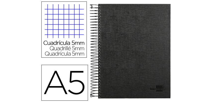 Cuaderno espiral liderpapel a5 micro papercoat tapa forrada 140h 75gr cuadro5mm 5 banda s 6 taladros negro