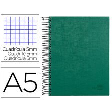 Cuaderno espiral liderpapel a5 micro papercoat tapa forrada 140h 75 gr cuadro5mm 5 bandas 6 taladros verde