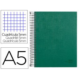 Cuaderno espiral liderpapel a5 micro papercoat tapa forrada 140h 75 gr cuadro5mm 5 bandas 6 taladros verde