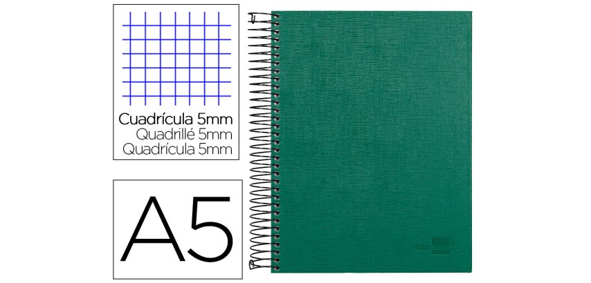 Cuaderno espiral liderpapel a5 micro papercoat tapa forrada 140h 75gr cuadro5mm 5 banda s 6 taladros verde