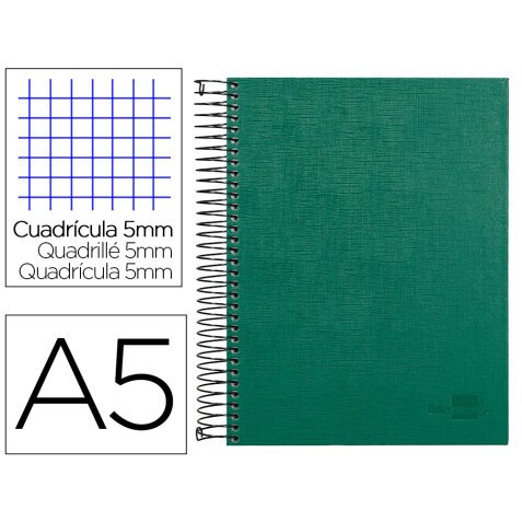 Cuaderno espiral liderpapel a5 micro papercoat tapa forrada 140h 75 gr cuadro5mm 5 bandas 6 taladros verde