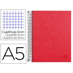 Cuaderno espiral liderpapel a5 micro papercoat tapa forrada 140h 75 gr cuadro5mm 5 bandas 6 taladros rojo