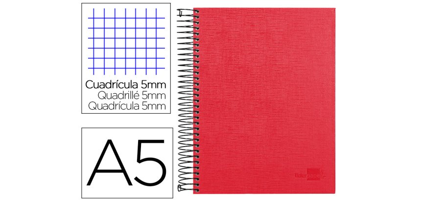 Cuaderno espiral liderpapel a5 micro papercoat tapa forrada 140h 75gr cuadro5mm 5 banda s 6 taladros rojo