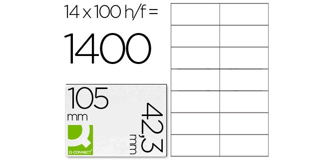 Etiqueta adhesiva q-connect kf10656 tamaño 105x42,3 mm fotocopiadora laser ink-jet caja con 100 hojas din a4