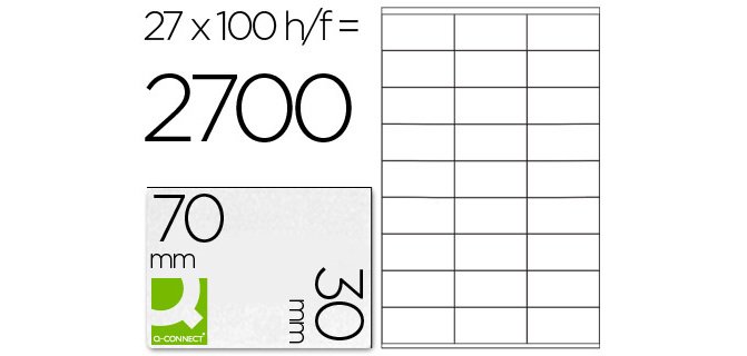 Etiqueta adhesiva q-connect kf10642 tamaño 70x30 mm fotocopiadora laser ink-jet caja con 100 hojas din a4