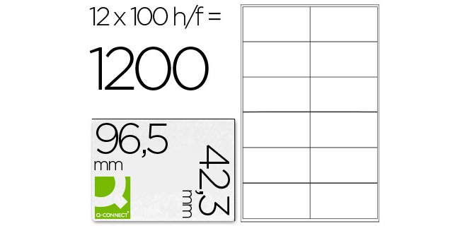 Etiqueta adhesiva q-connect kf10652 tamaño 96,5x42,3 mm fotocopiadora laser ink-jet caja con 100 hojas din a4