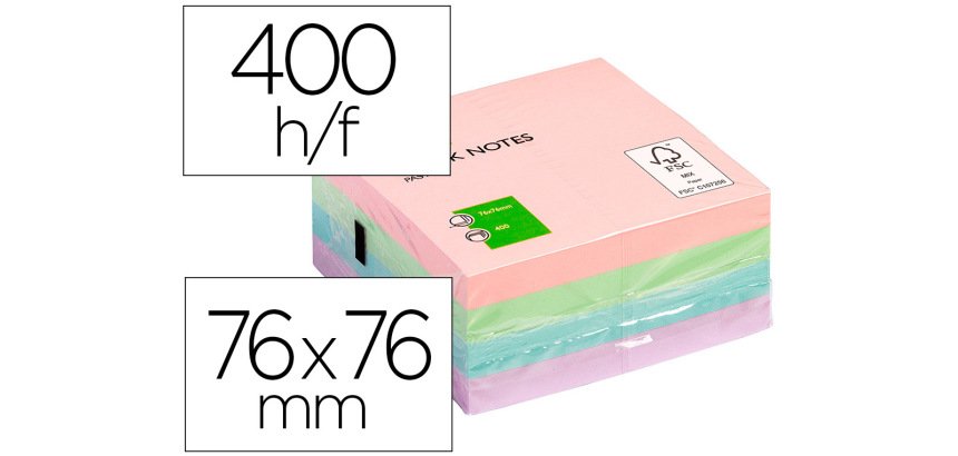Bloc de notas adhesivas quita y pon q-connect 76x76 mm pastel con 400 hojas