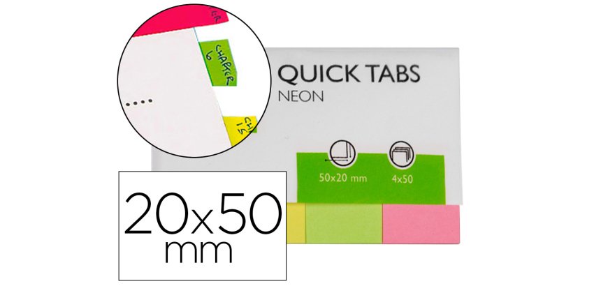 Banderitas separadoras q-connect 20x50 mm fluorescente pack de 4 con 50 hojas