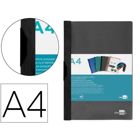 Carpeta liderpapel dossier A4 60 hojas pinza lateral de plástico deslizante polipropileno negro