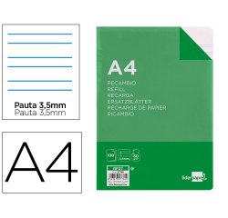 Recambio liderpapel a4 100 hojas 60g pauta 4ª 3,5mm con margen 4 taladros