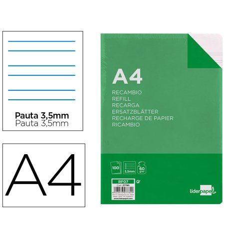 Recambio liderpapel a4 100 hojas 60g pauta 4ª 3,5mm con margen 4 taladros