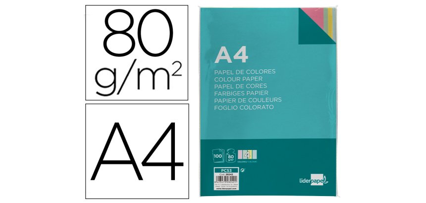 Papel color liderpapel a4 80gr 4 colores surtidos paquete de 100 hojas