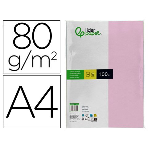 Papel color liderpapel a4 80gr rosa paquete de 100 hojas