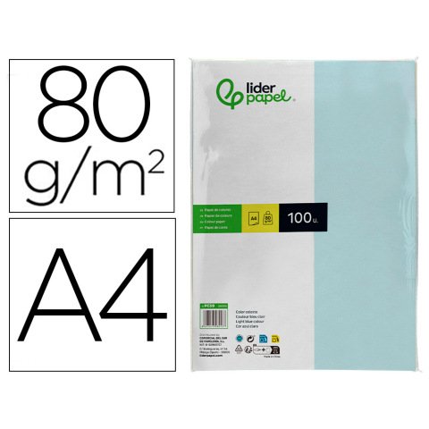 Papel color liderpapel a4 80gr celeste paquete de 100 hojas
