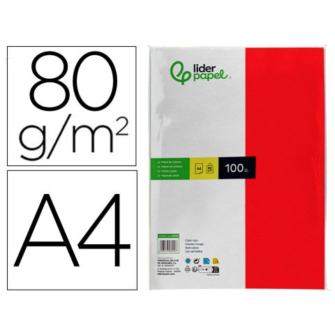 Papel color liderpapel a4 80gr rojo paquete de 100 hojas